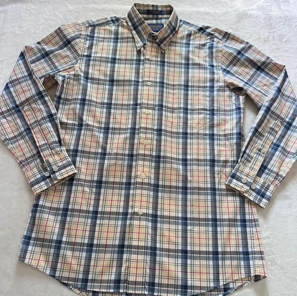 Pendleton Men’s Button Down Size Medium METRO Shirt Checkered Plaid Yellow Blue
